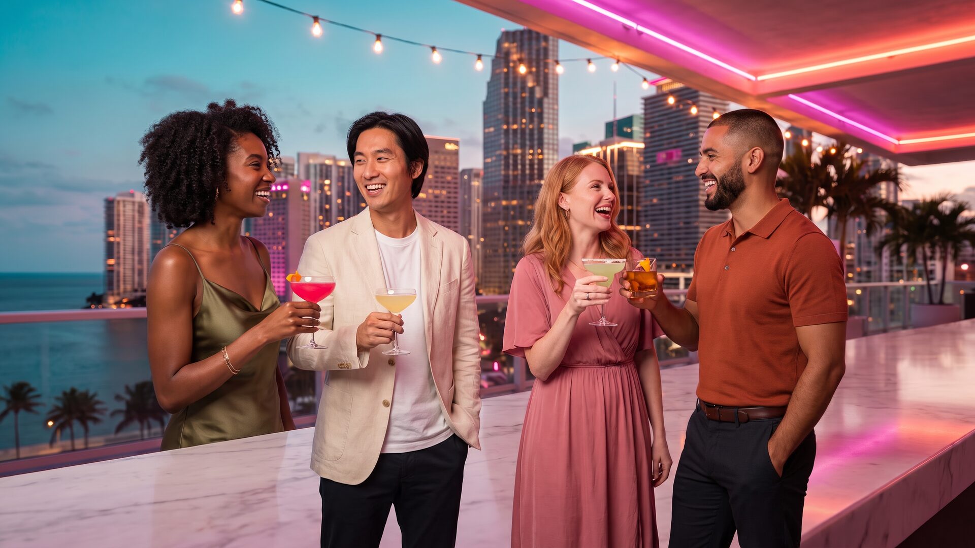 Four friends laughing together on a Miami rooftop bar at dusk, holding LIFT mocktails — a cosmopolitan, a lemon drop, a margarita and an old fashioned — with the Brickell skyline behind them