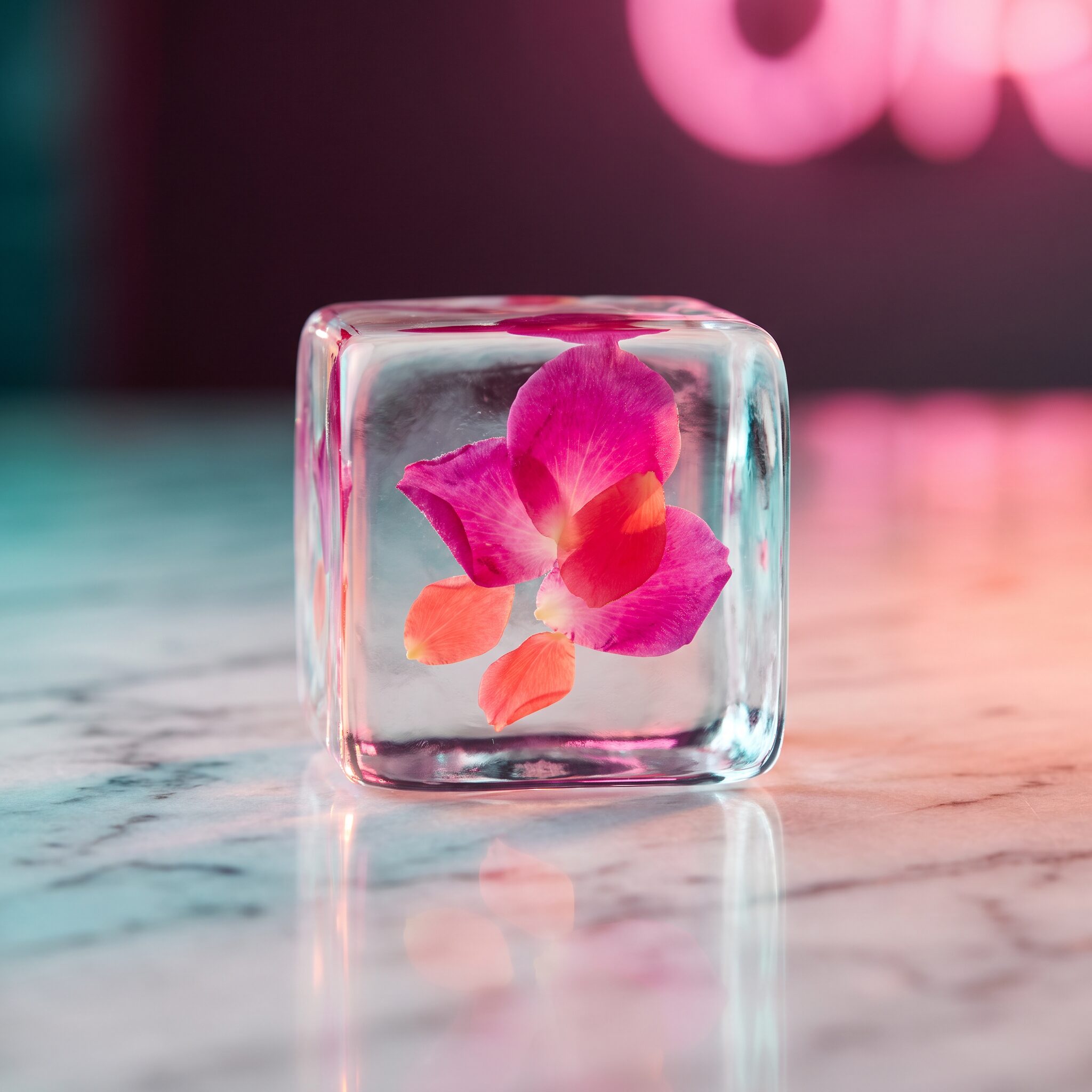 A crystal-clear artisanal ice cube with magenta and coral rose petals suspended inside, resting on white marble under soft Miami dusk light
